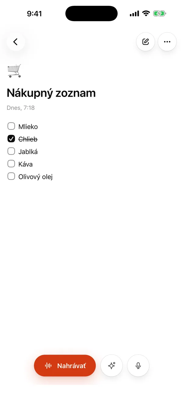 Diktovanie textu: hovor a text sa vloží do poznámky